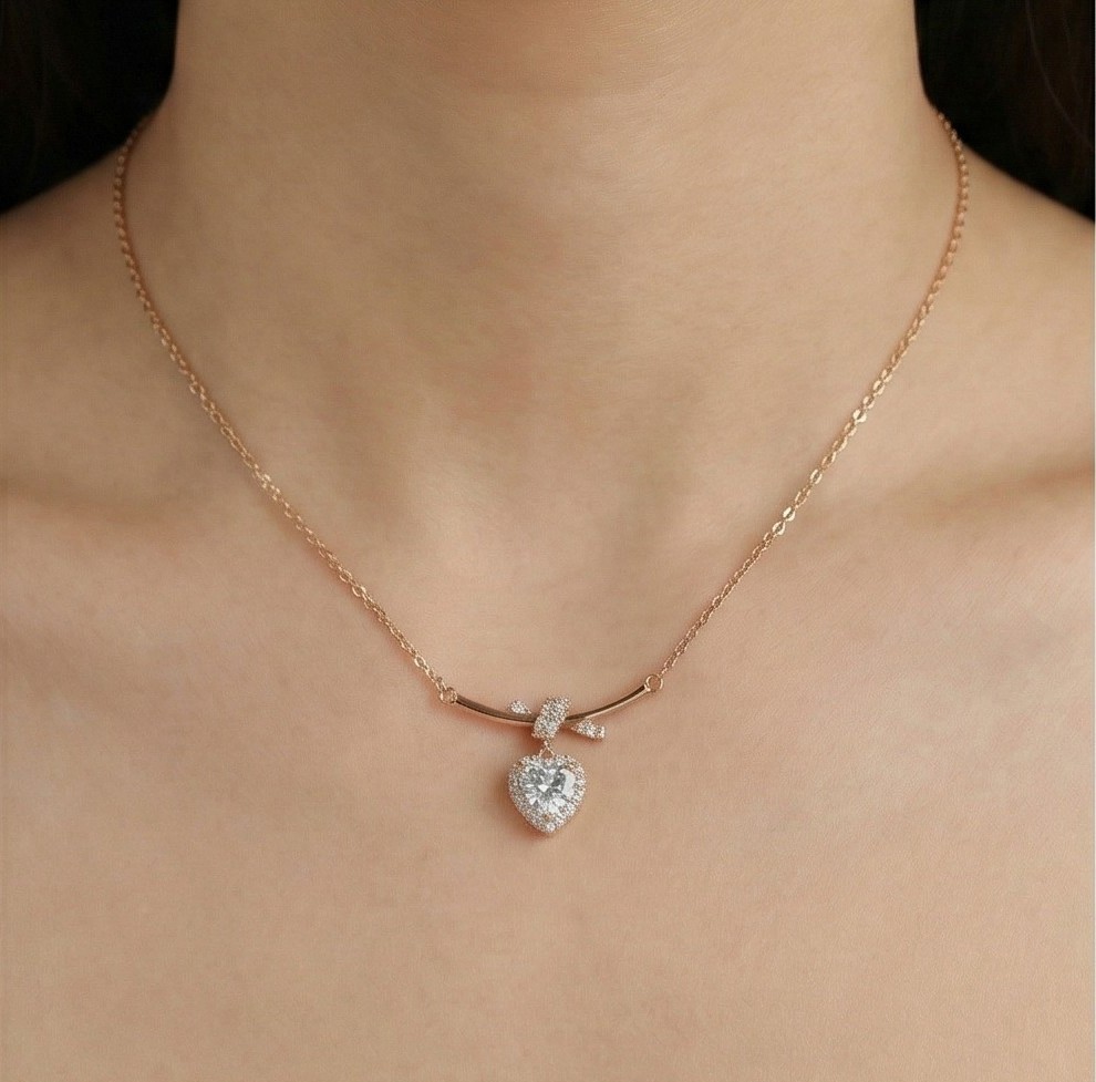 925 Sterling Silver Rose Gold Plated Ribbon Bow Heart Pendant Necklace Jewellery for Women