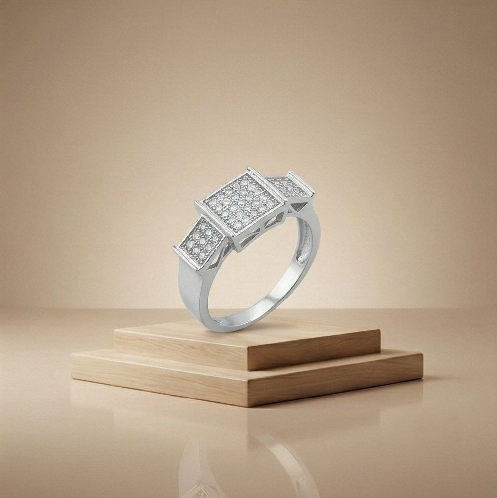 925 Sterling Silver Geometric Square Pave Setting Ring Jewellery for Women