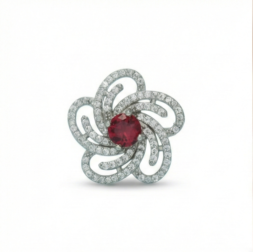 925 Sterling Silver Floral Swirl Red Stone Ring Jewellery for Women