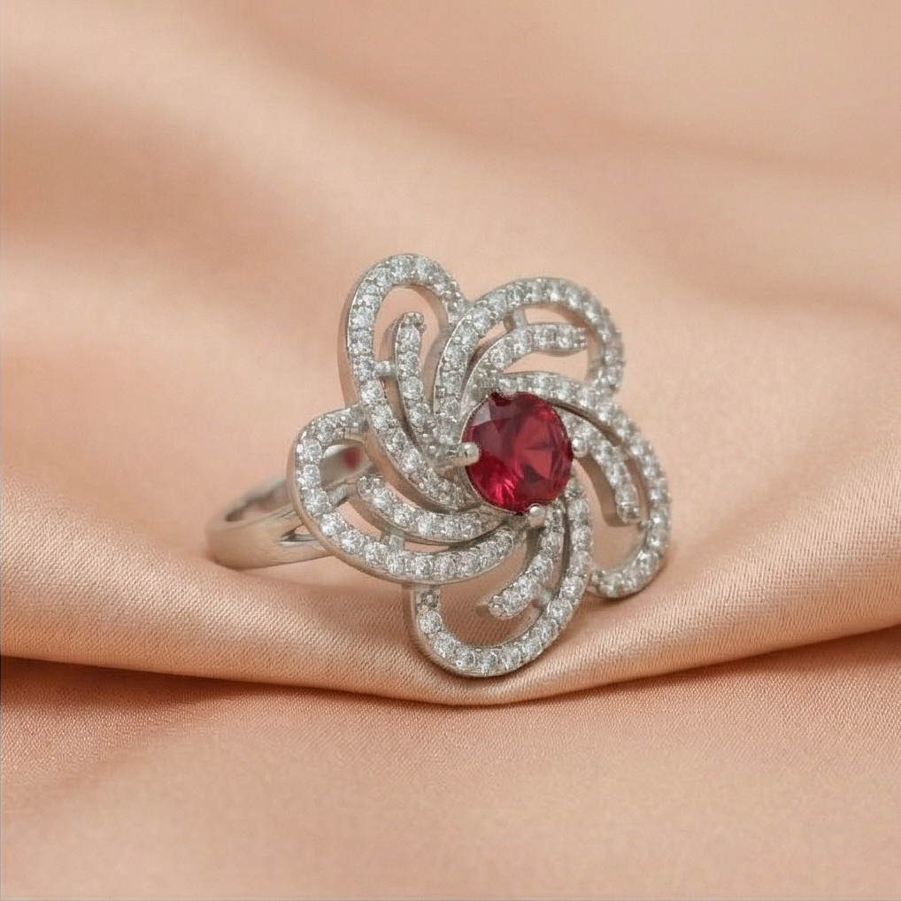 925 Sterling Silver Floral Swirl Red Stone Ring Jewellery for Women