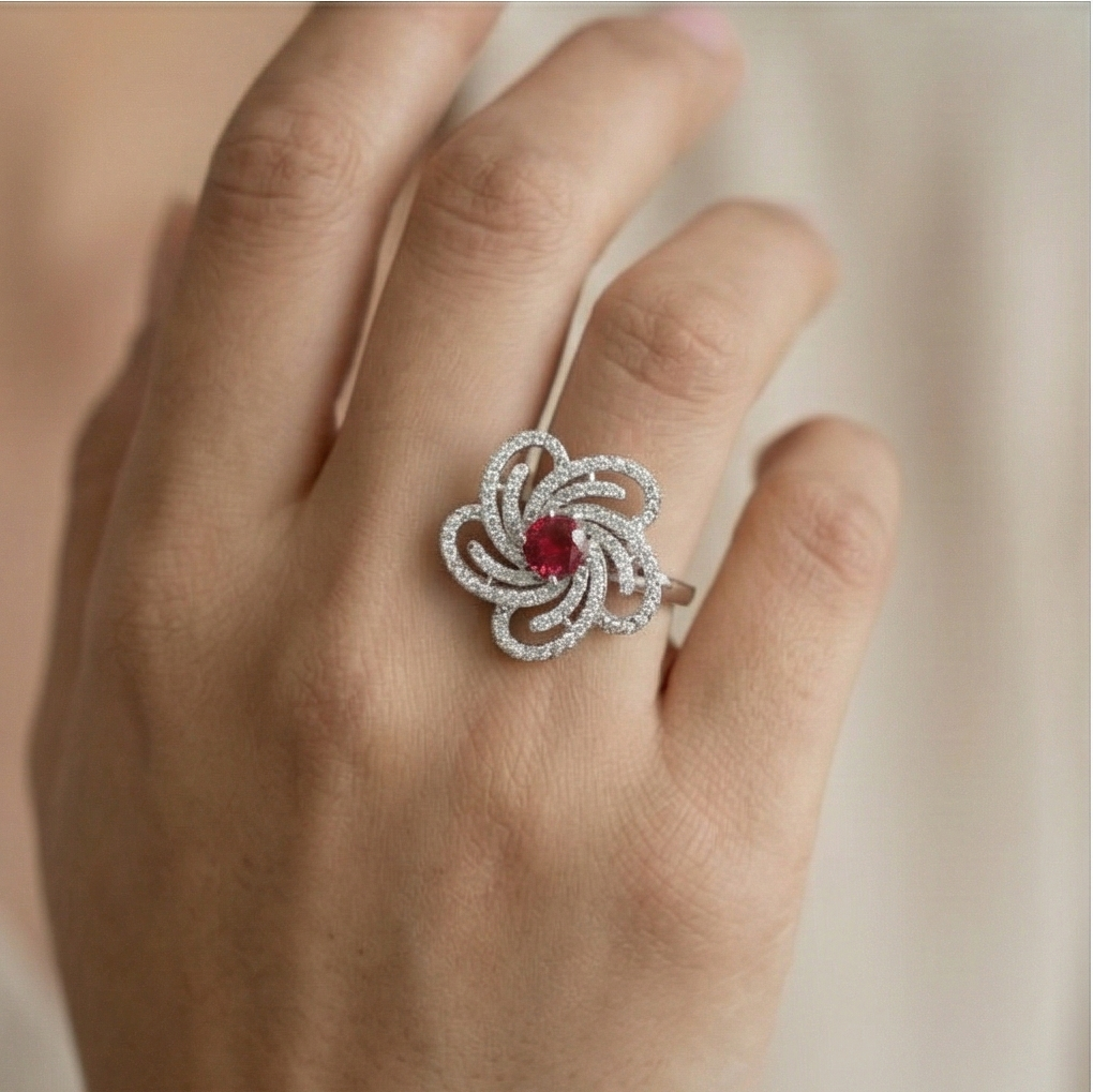 925 Sterling Silver Floral Swirl Red Stone Ring Jewellery for Women