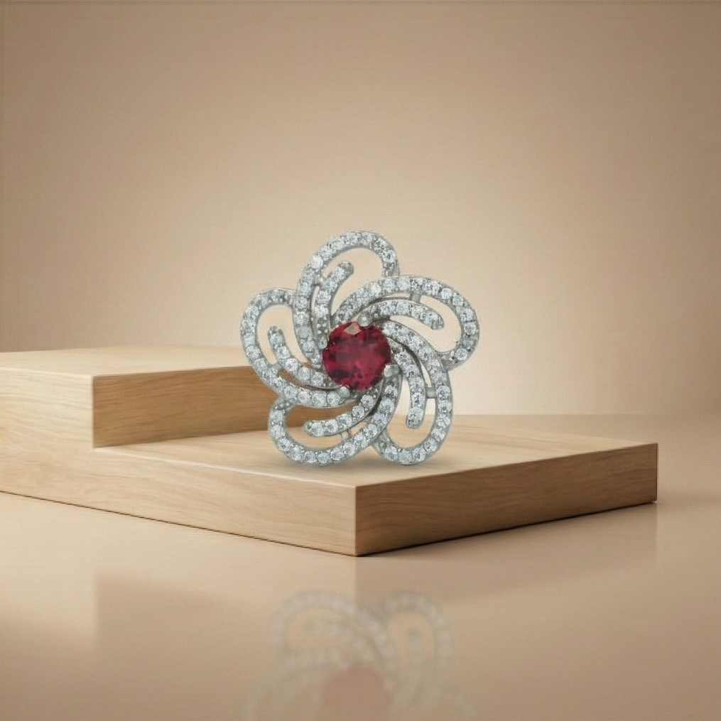 925 Sterling Silver Floral Swirl Red Stone Ring Jewellery for Women