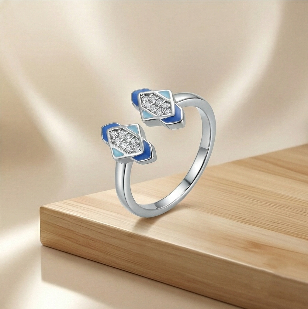 925 Sterling Silver Blue Enamel Geometric Open Cuff Ring Jewellery for Women