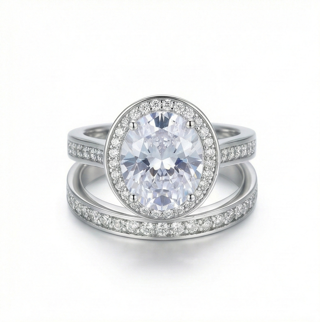 925 Sterling Silver Oval Halo Bridal Set of 2 Rings Jewellery for Women