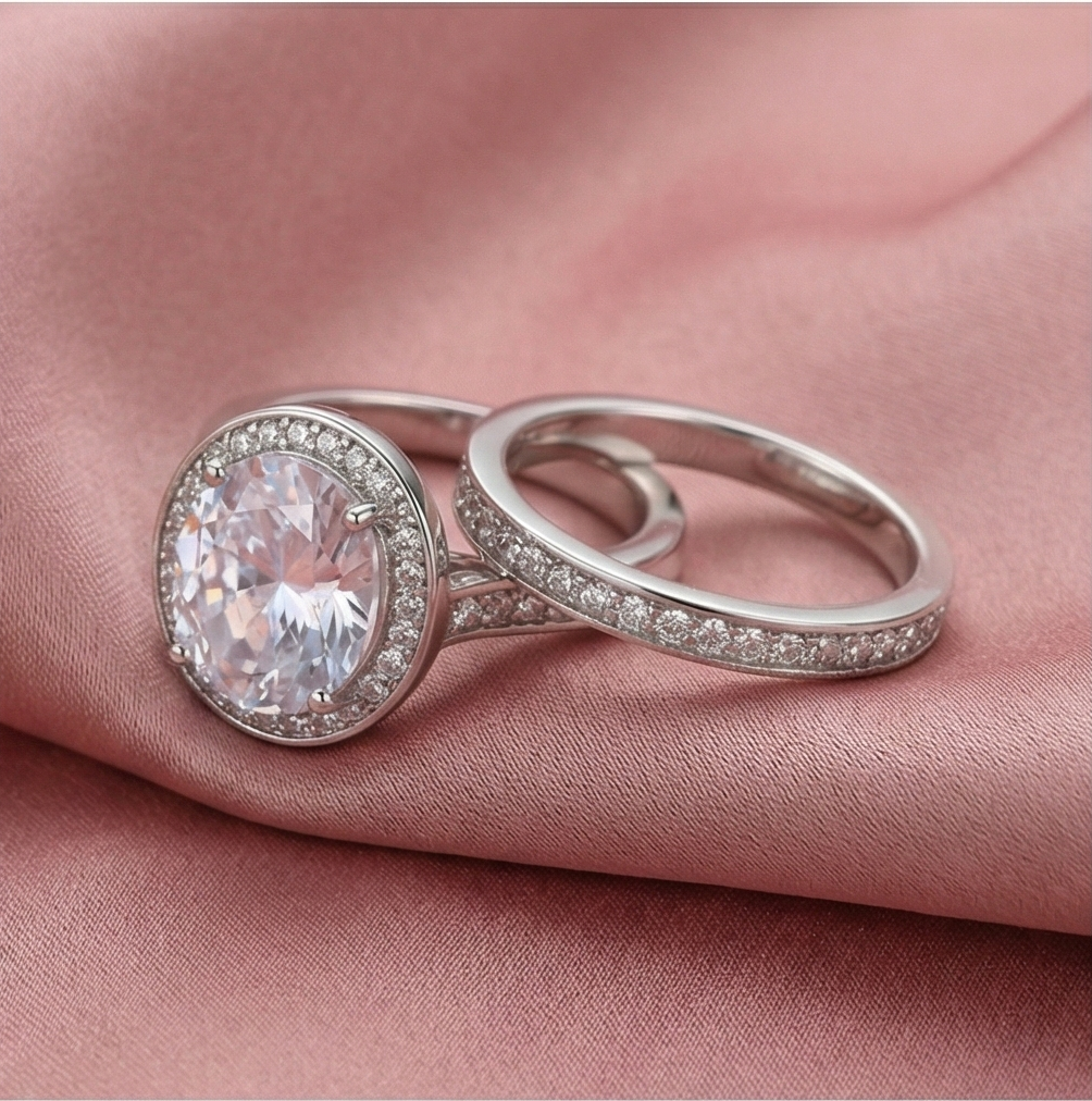 925 Sterling Silver Oval Halo Bridal Set of 2 Rings Jewellery for Women