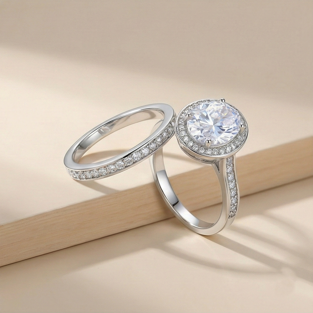 925 Sterling Silver Oval Halo Bridal Set of 2 Rings Jewellery for Women