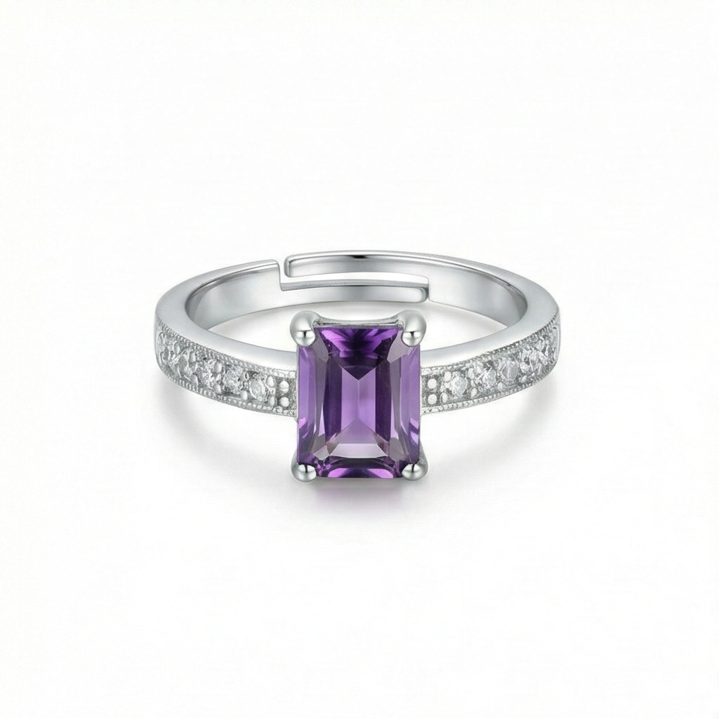 925 Sterling Silver Emerald Cut Purple Stone Adjustable Ring Jewellery for Women