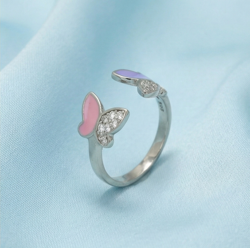 925 Sterling Silver Pink and Purple Enamel Butterfly Open Ring Jewellery for Women