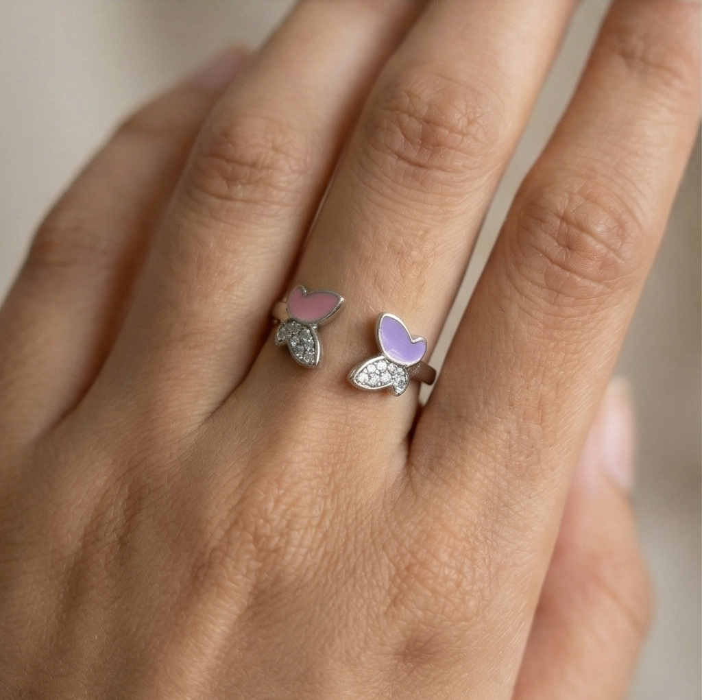 925 Sterling Silver Pink and Purple Enamel Butterfly Open Ring Jewellery for Women