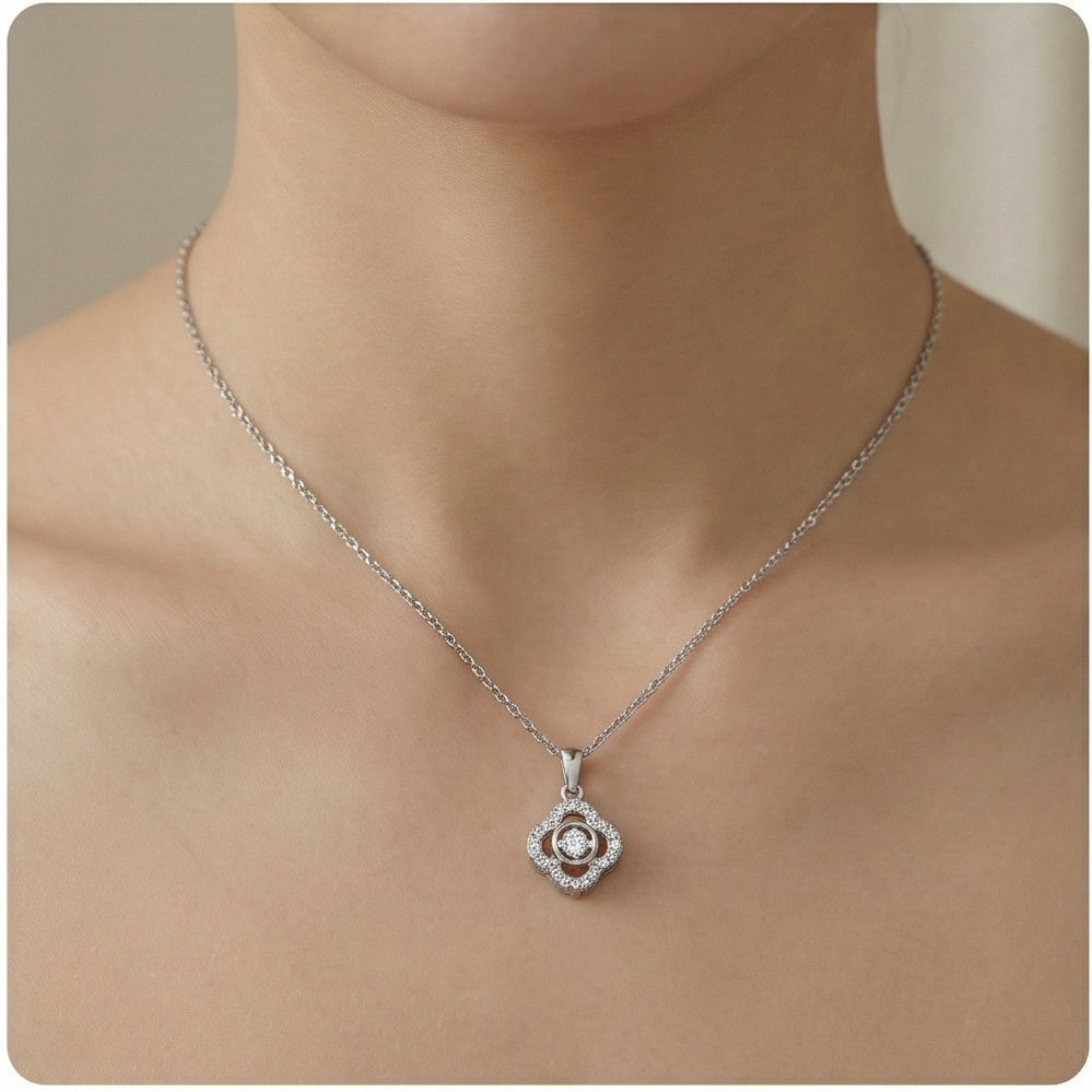 925 Sterling Silver Dancing Stone Floral Clover Pendant Necklace Jewellery for Women