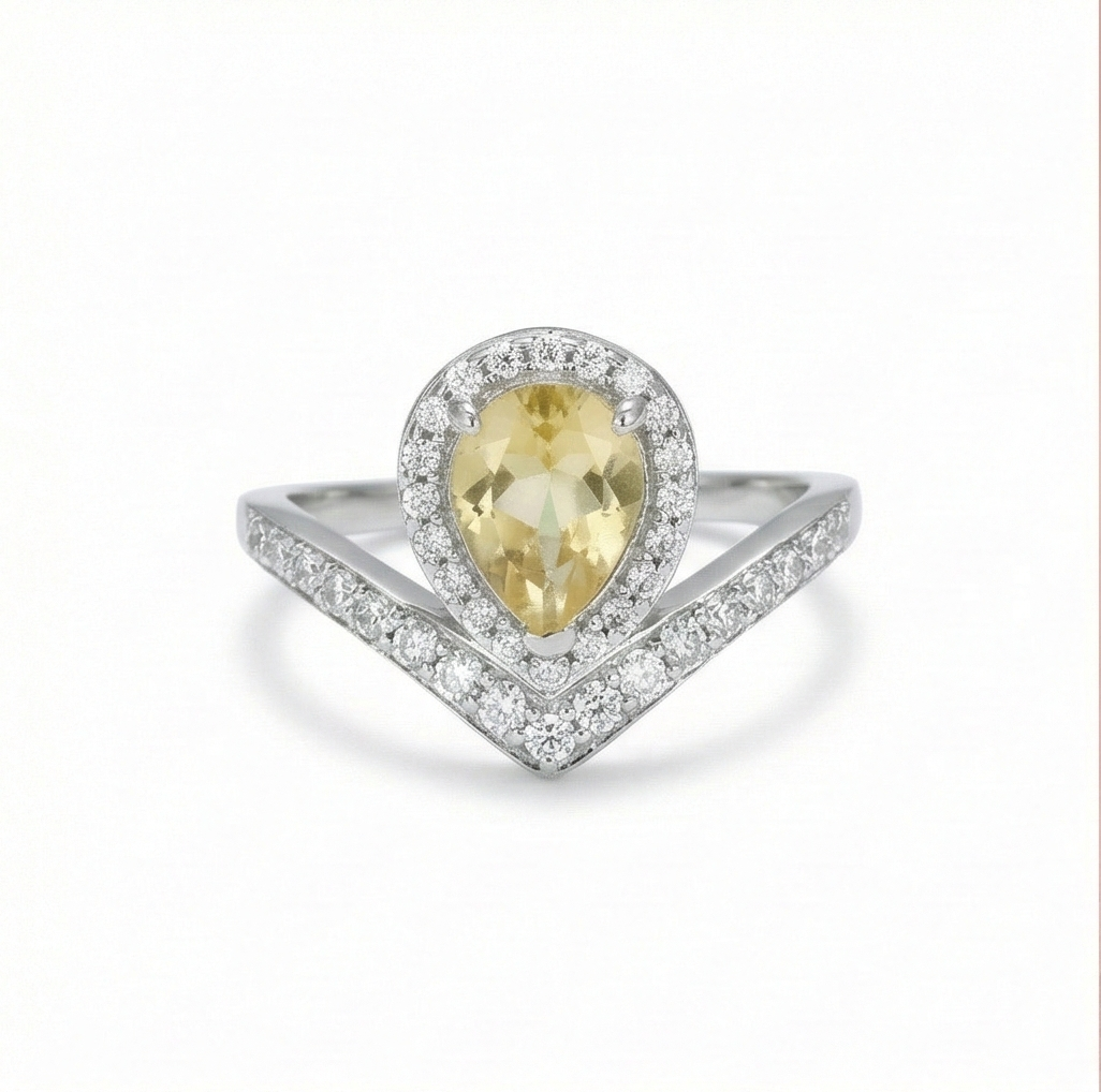 925 Sterling Silver Pear Shaped Yellow Stone Chevron Halo Ring Jewellery for Women