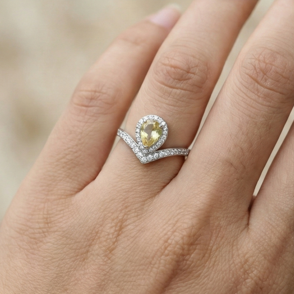 925 Sterling Silver Pear Shaped Yellow Stone Chevron Halo Ring Jewellery for Women