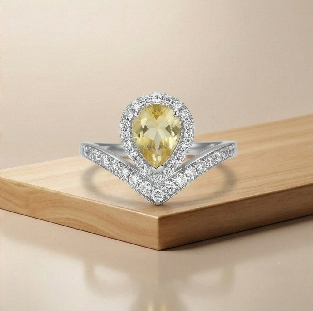 925 Sterling Silver Pear Shaped Yellow Stone Chevron Halo Ring Jewellery for Women