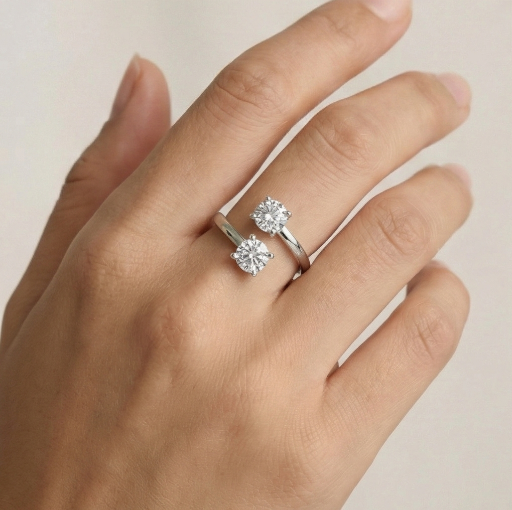 925 Sterling Silver Double Stone Open Adjustable Ring Jewellery for Women