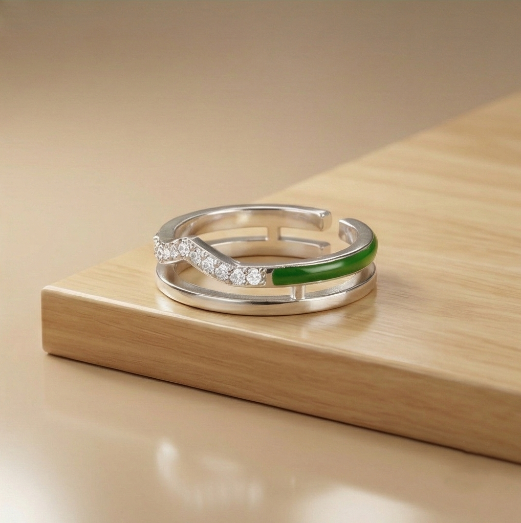 925 Sterling Silver Double Layer Wave Green Enamel Open Ring Jewellery for Girls