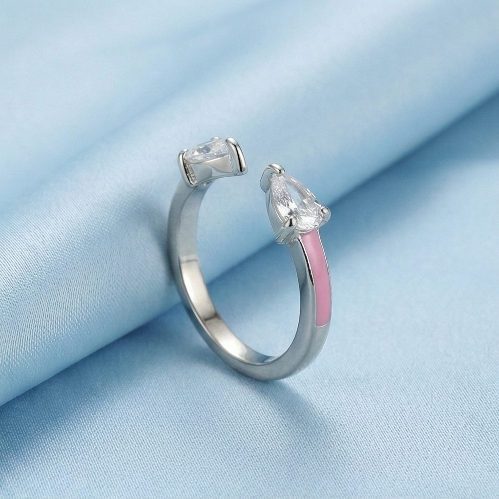 925 Sterling Silver Pear Stone Pink Enamel Open Cuff Ring Jewellery for Women