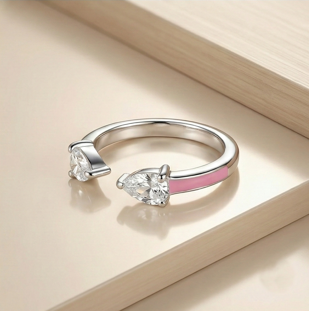 925 Sterling Silver Pear Stone Pink Enamel Open Cuff Ring Jewellery for Women