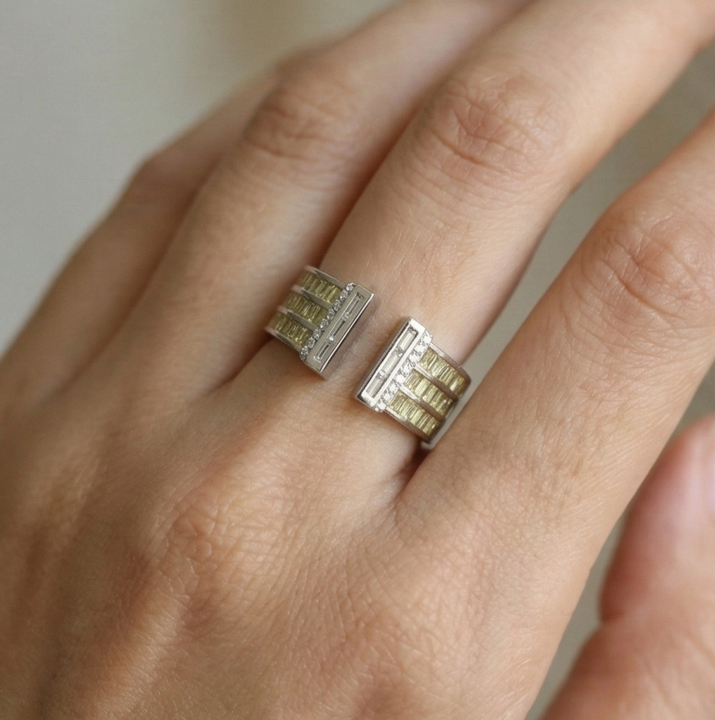 925 Sterling Silver Wide Band Baguette Yellow Stone Open Ring Jewellery for Women
