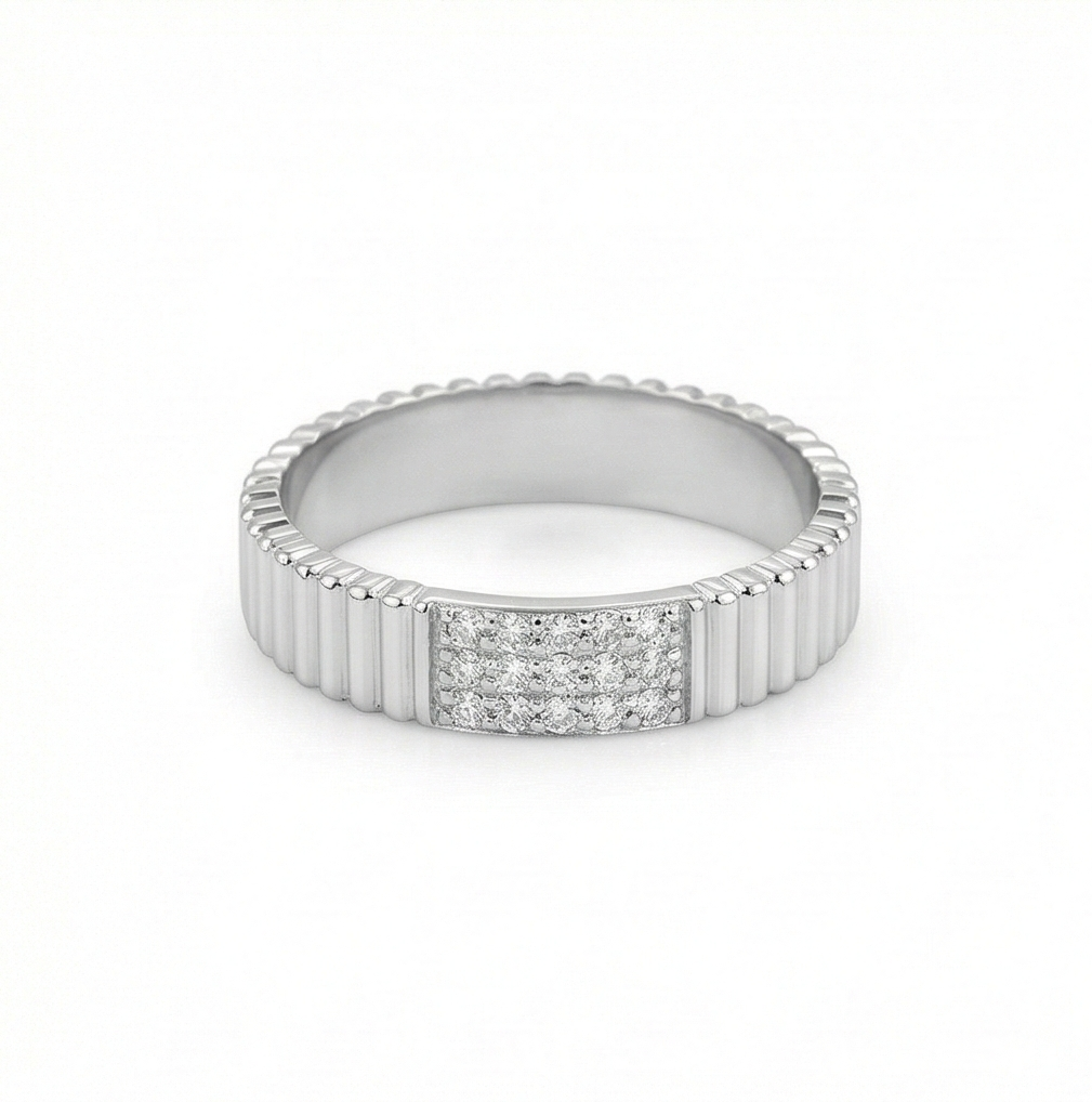 925 Sterling Silver Fluted Texture Band Pave Set Ring Jewellery for Women