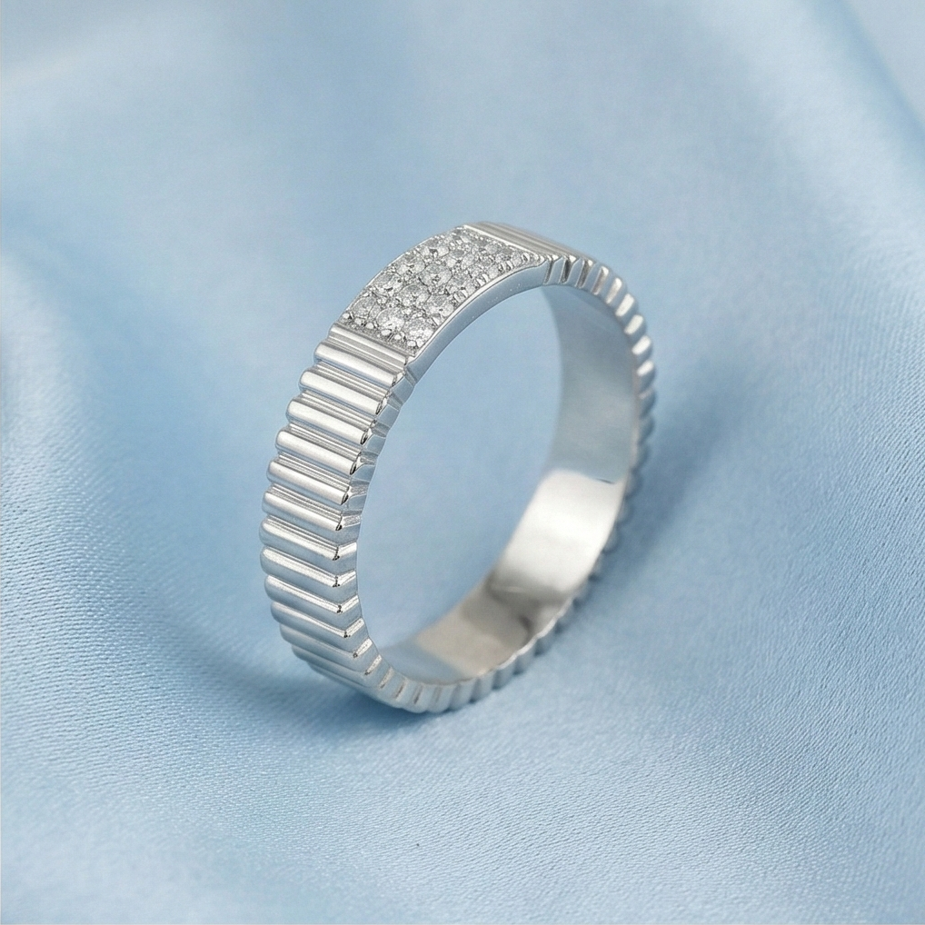 925 Sterling Silver Fluted Texture Band Pave Set Ring Jewellery for Women