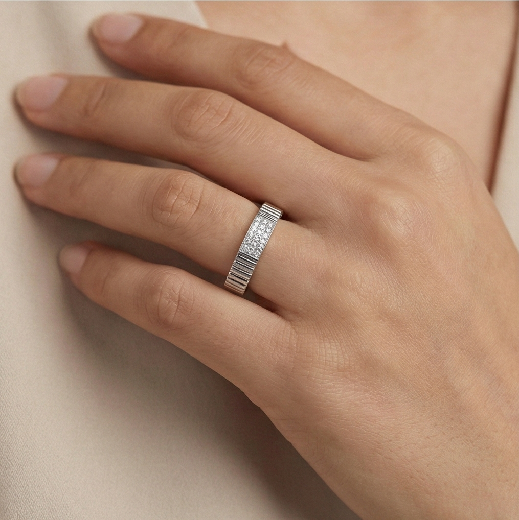 925 Sterling Silver Fluted Texture Band Pave Set Ring Jewellery for Women