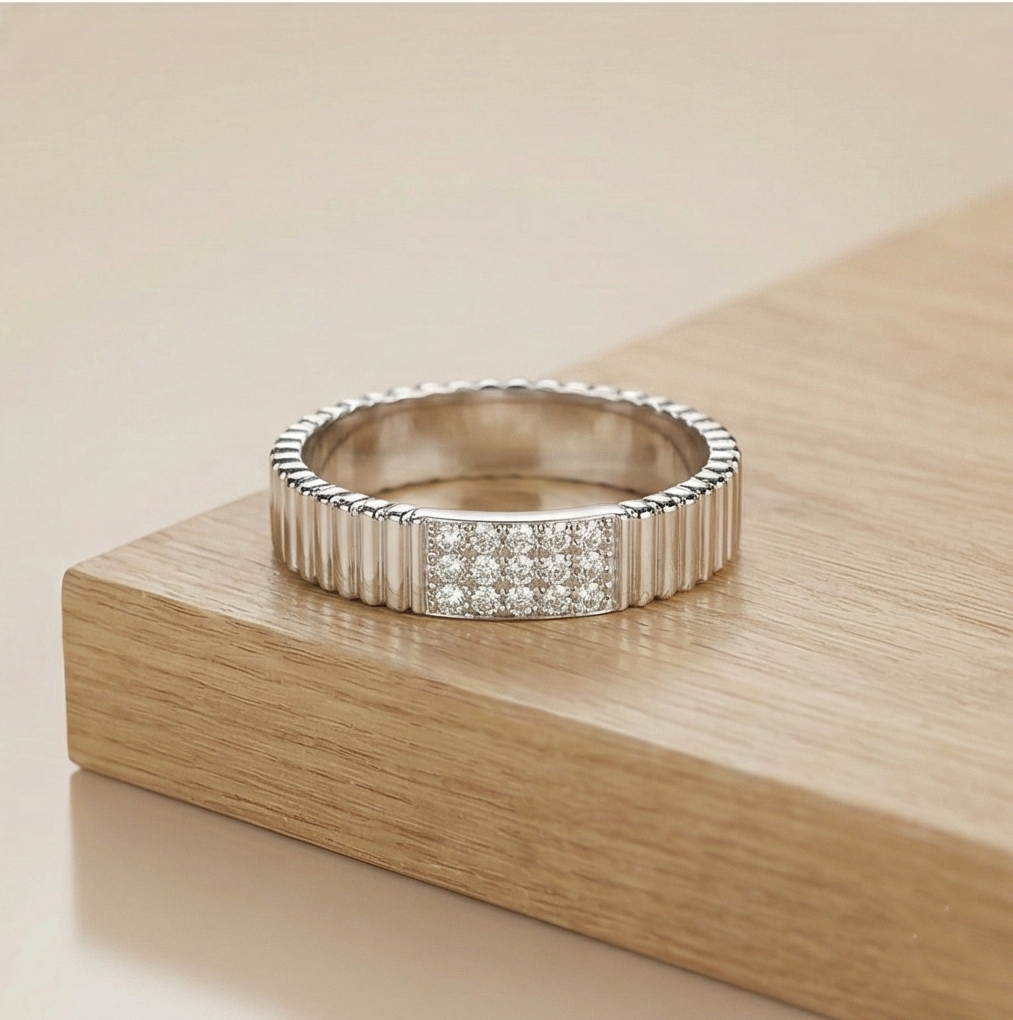 925 Sterling Silver Fluted Texture Band Pave Set Ring Jewellery for Women