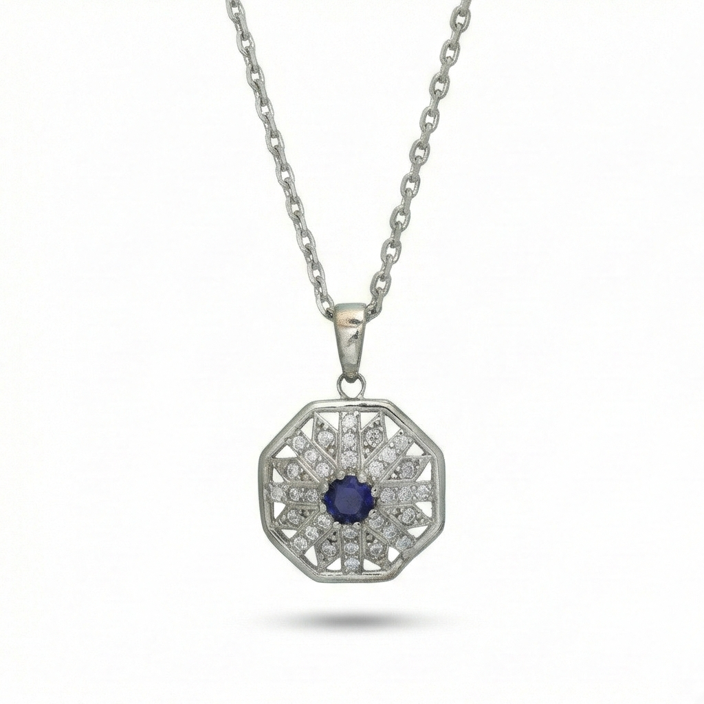 925 Sterling Silver Geometric Octagon Blue Stone Halo Pendant Necklace Jewellery for Women
