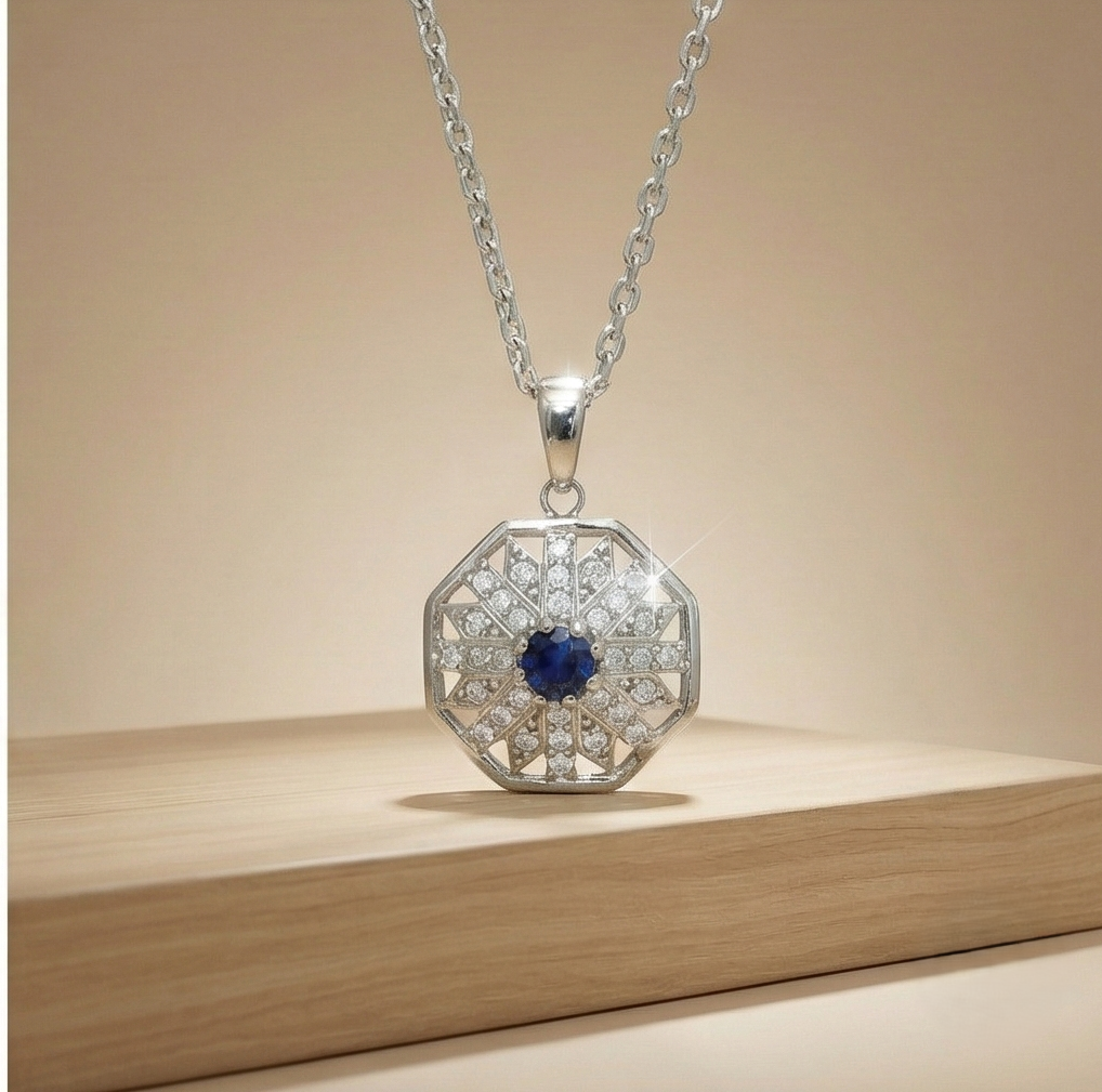 925 Sterling Silver Geometric Octagon Blue Stone Halo Pendant Necklace Jewellery for Women