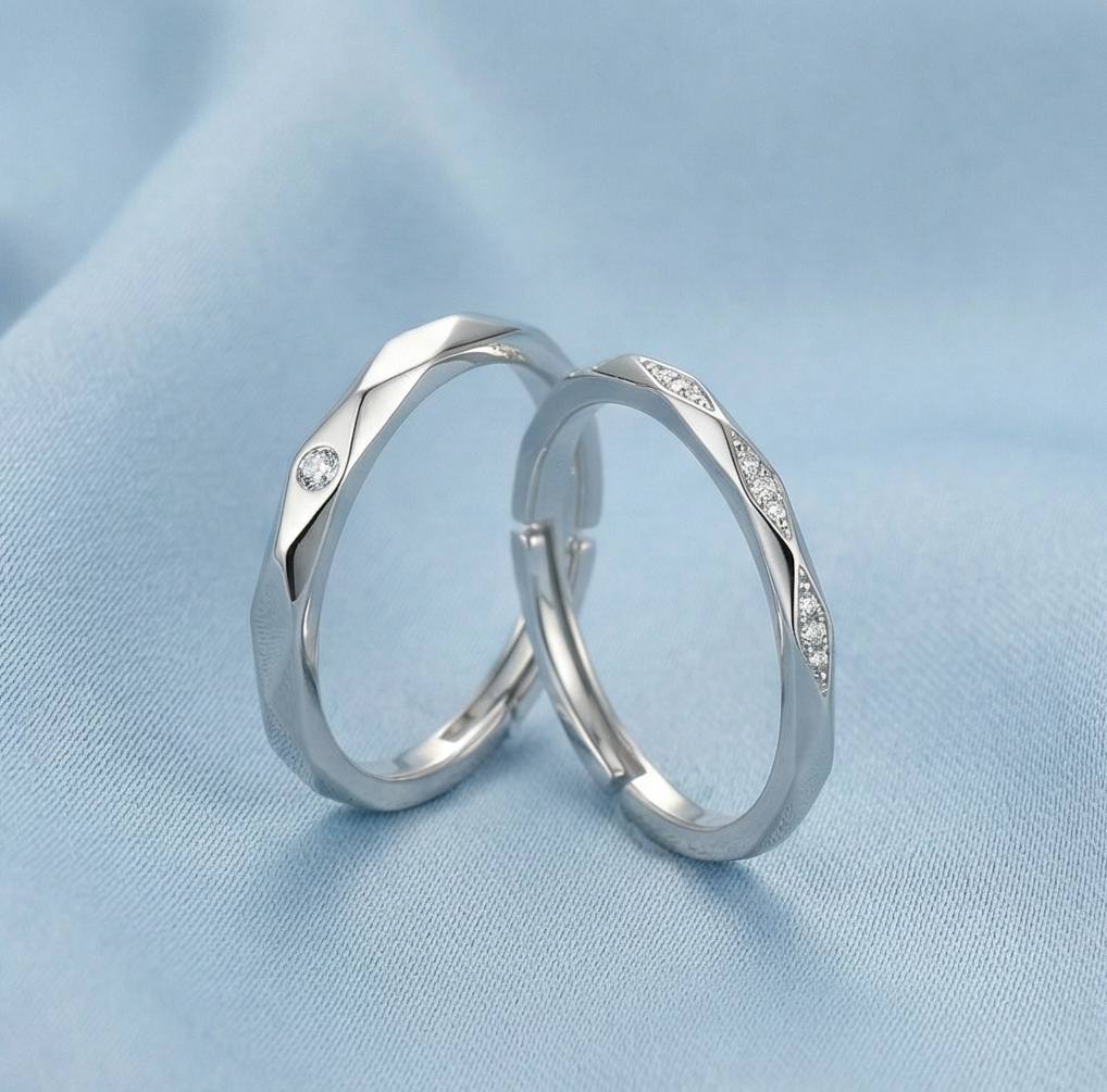 925 Sterling Silver Adjustable Geometric 2 Rings Set Rhodium Finish Jewellery