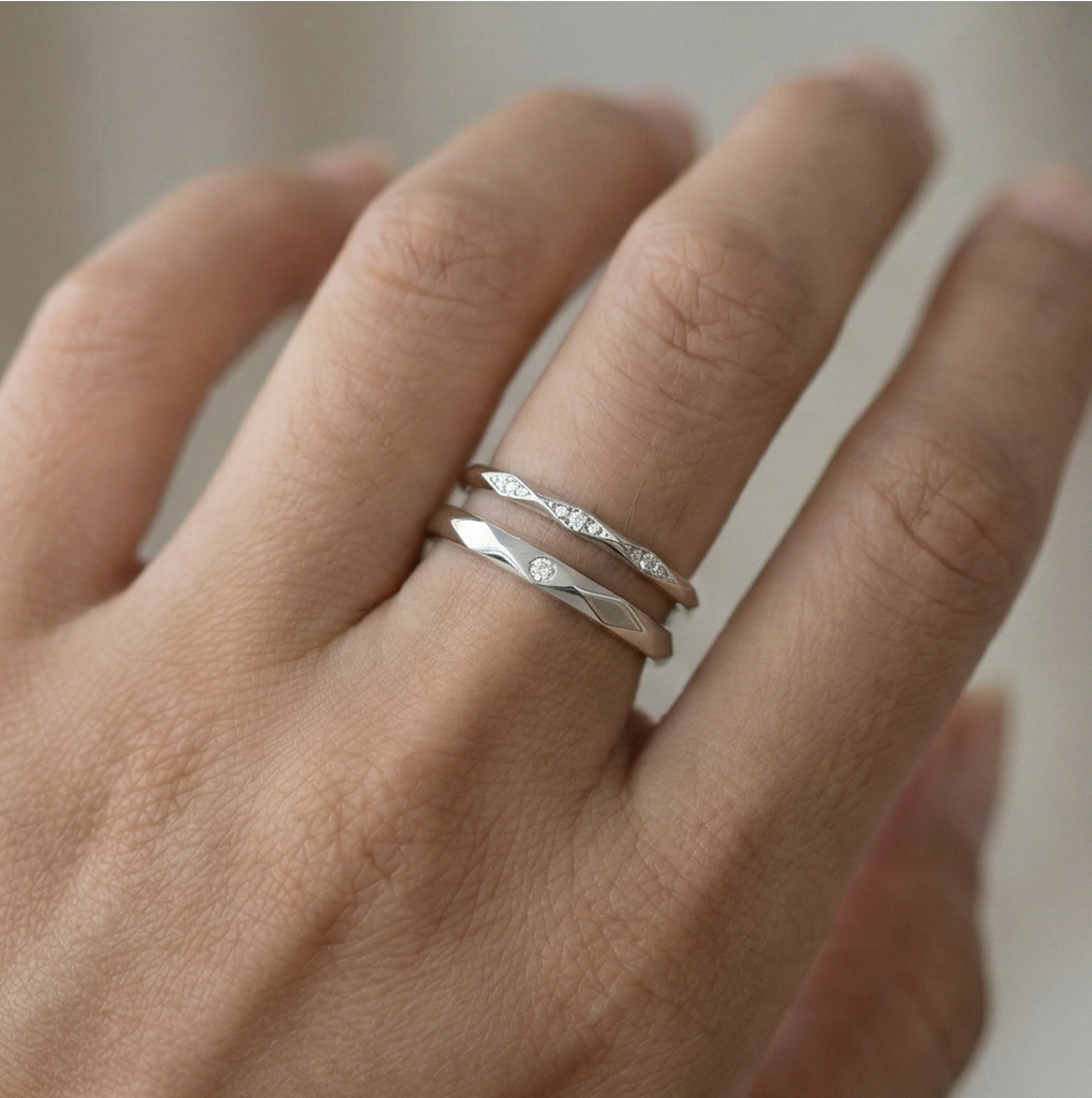 925 Sterling Silver Adjustable Geometric 2 Rings Set Rhodium Finish Jewellery