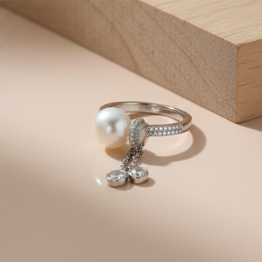 925 Sterling Silver Contemporary Pearl and Dangle Charm Ring High Polish Rhodium Jewellery for Women