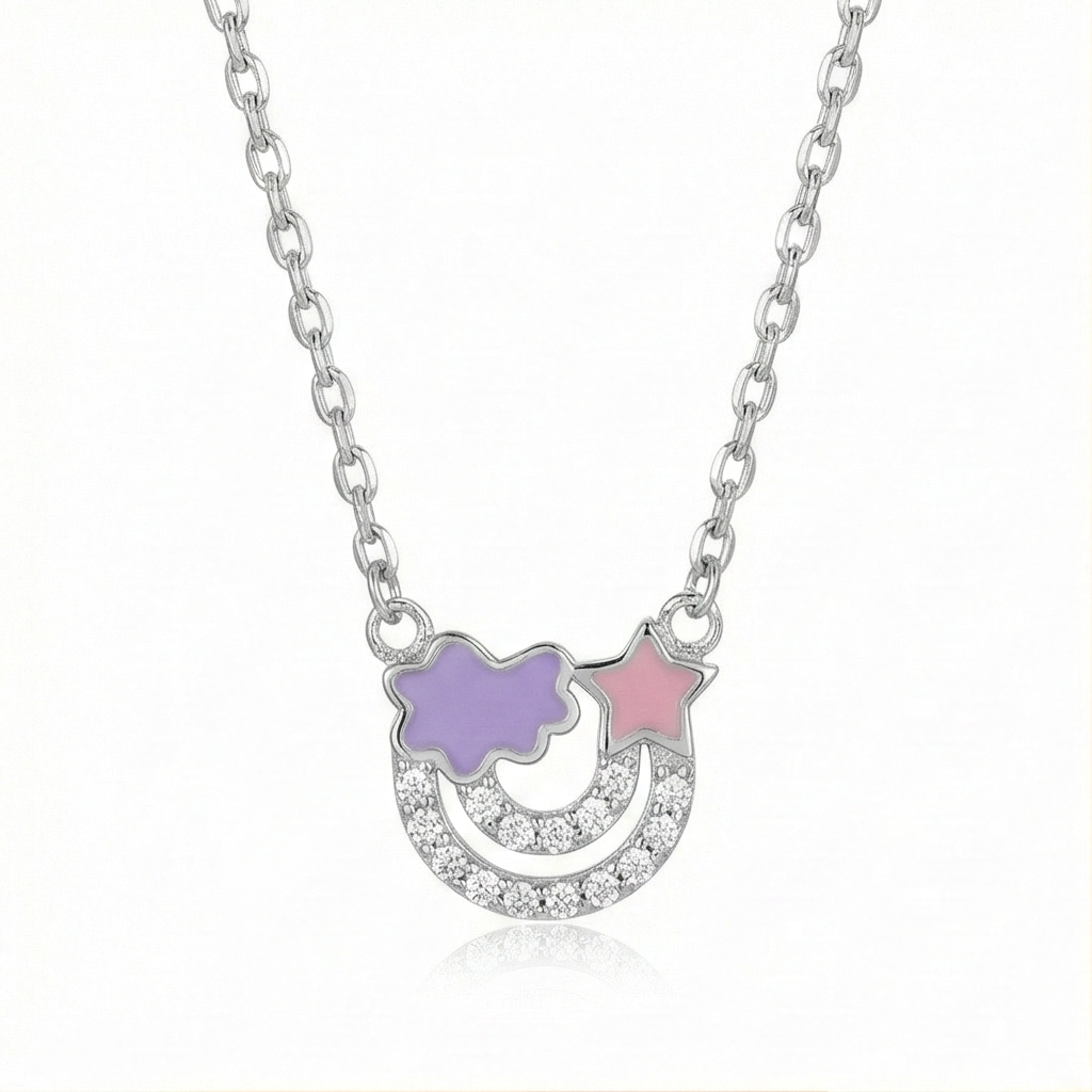 925 Sterling Silver Enamel Cloud Star and Rainbow Charm Pendant Necklace Jewellery for Girls