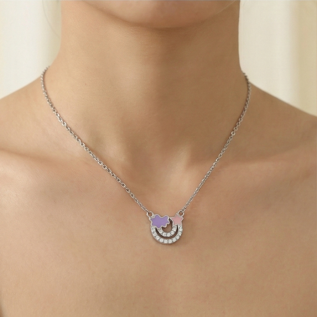 925 Sterling Silver Enamel Cloud Star and Rainbow Charm Pendant Necklace Jewellery for Girls