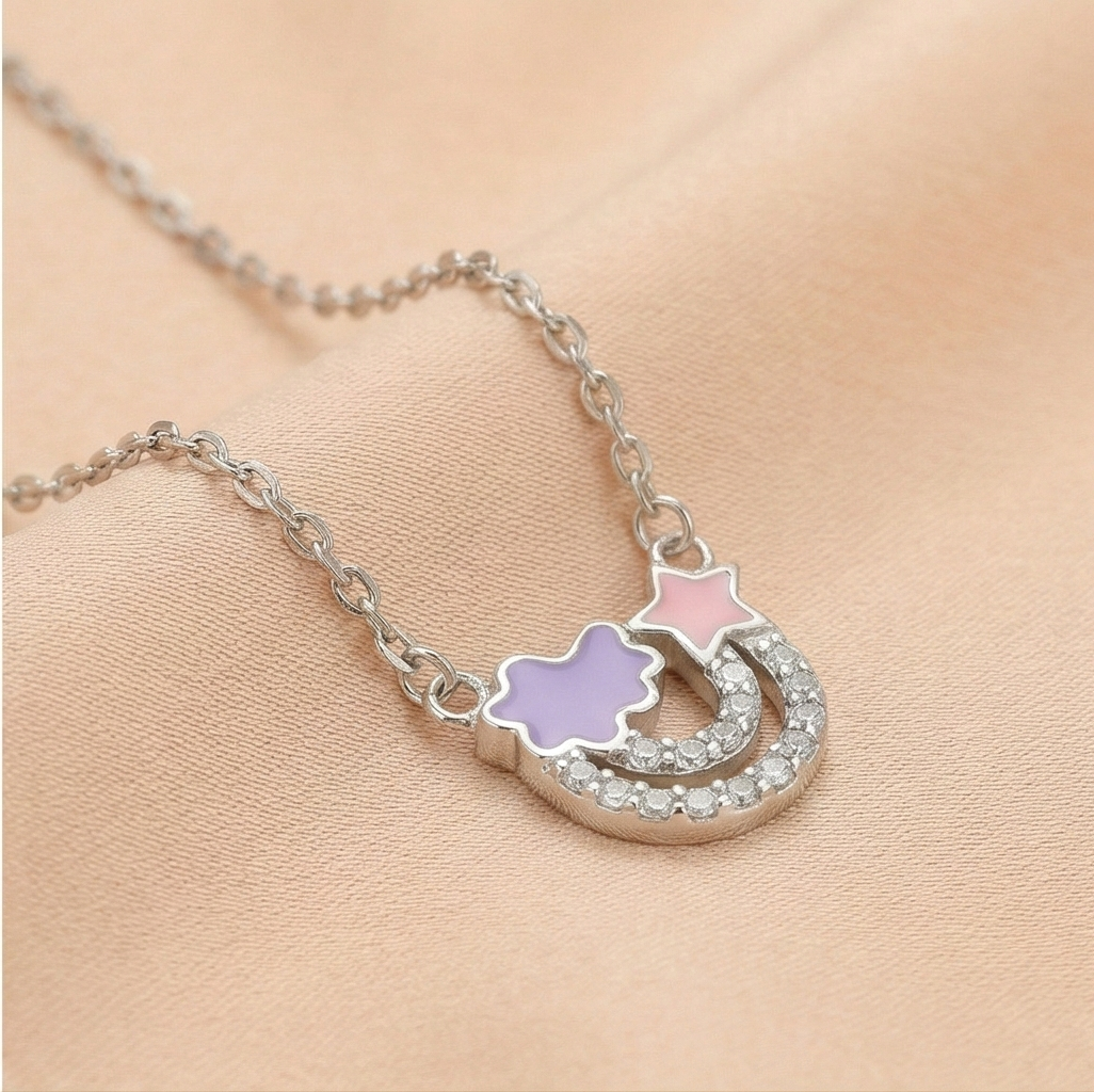 925 Sterling Silver Enamel Cloud Star and Rainbow Charm Pendant Necklace Jewellery for Girls