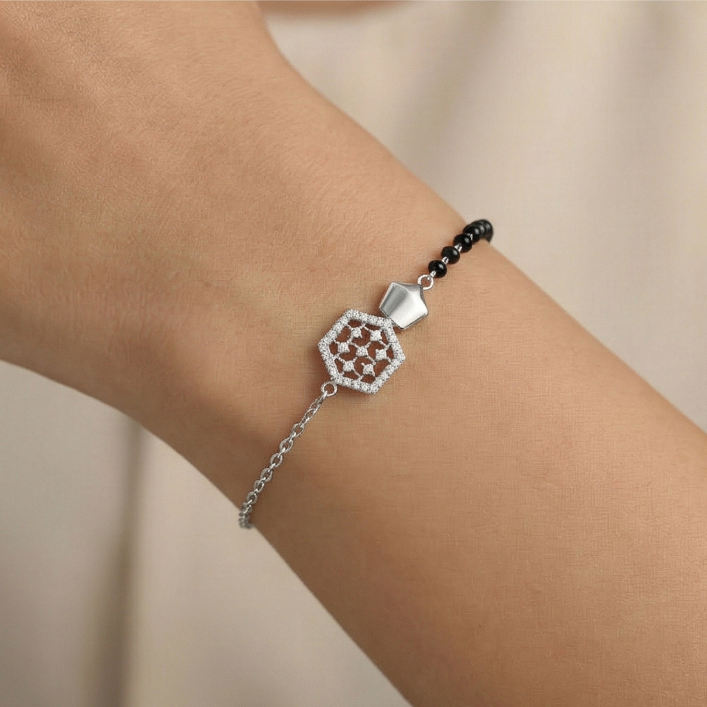 925 Sterling Silver Geometric Honeycomb Mangalsutra Bracelet Hand Mangalsutra Jewellery