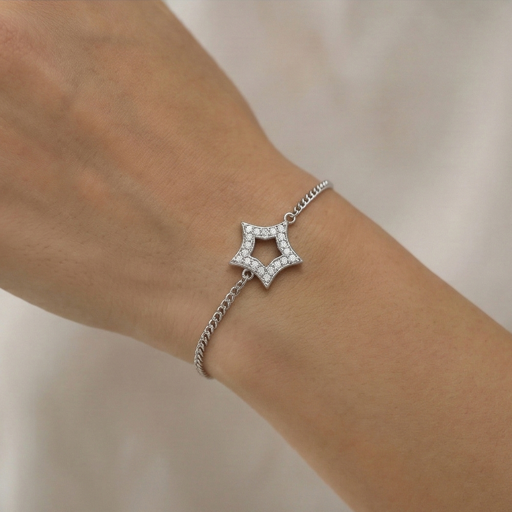925 Sterling Silver Open Star Charm Bracelet Jewellery Rhodium Finish