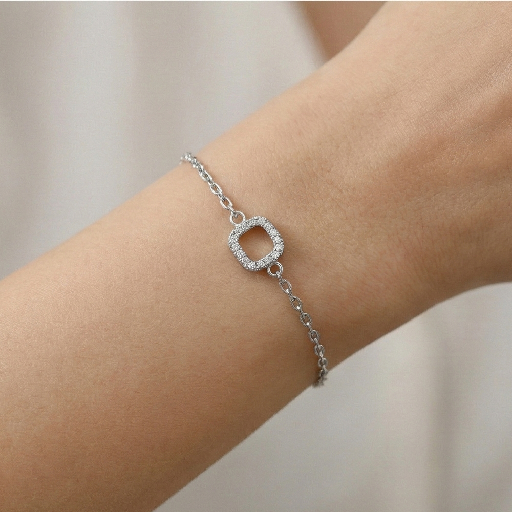 925 Sterling Silver Open Square Halo Bracelet Jewellery Rhodium Finish