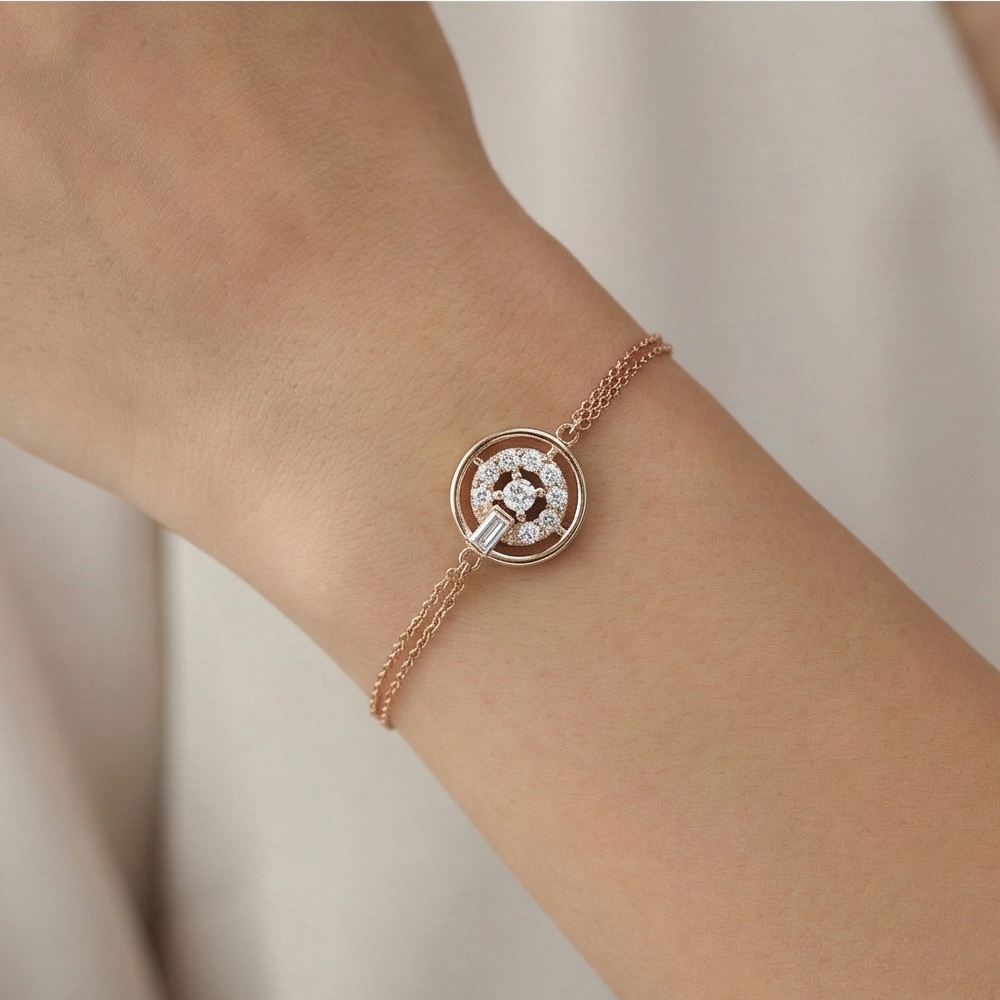 925 Sterling Silver Double Chain Circle Halo Bracelet Jewellery Rose Gold Plated