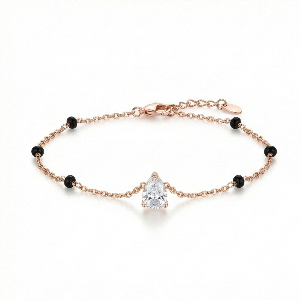 925 Sterling Silver Pear Solitaire Black Bead Bracelet Jewellery Rose Gold Plated