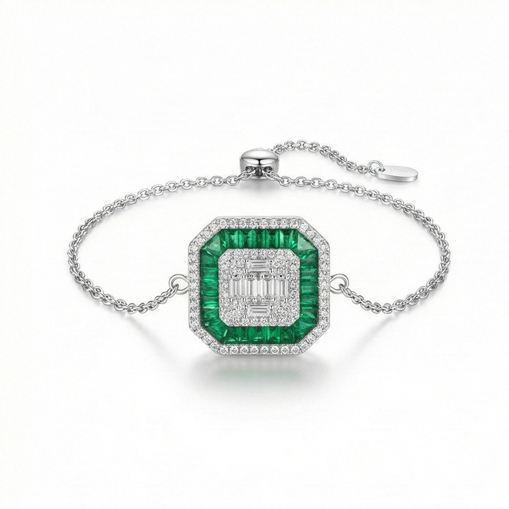 925 Sterling Silver Geometric Emerald Green Halo Bracelet Jewellery with Rhodium Finish