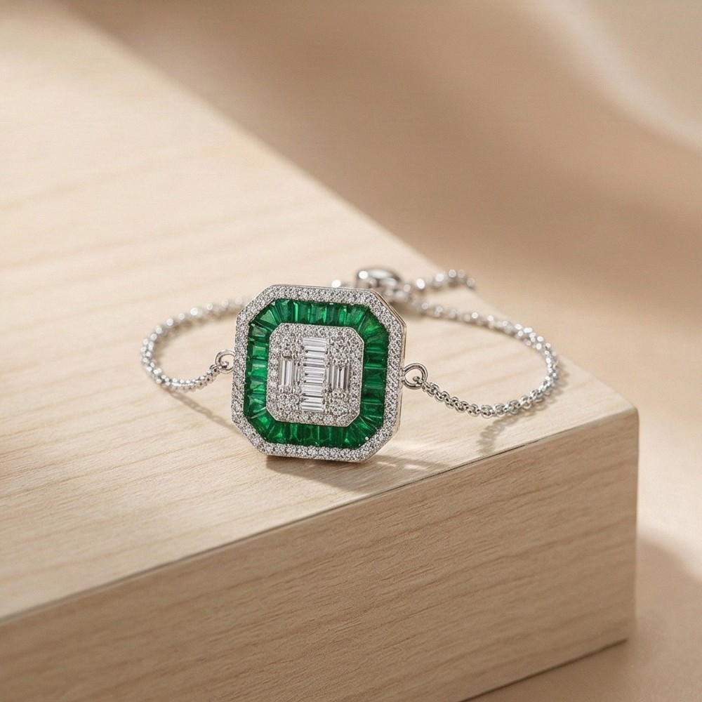 925 Sterling Silver Geometric Emerald Green Halo Bracelet Jewellery with Rhodium Finish