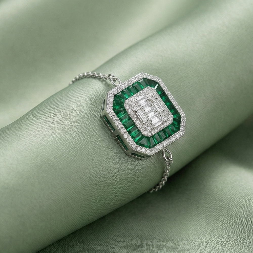 925 Sterling Silver Geometric Emerald Green Halo Bracelet Jewellery with Rhodium Finish