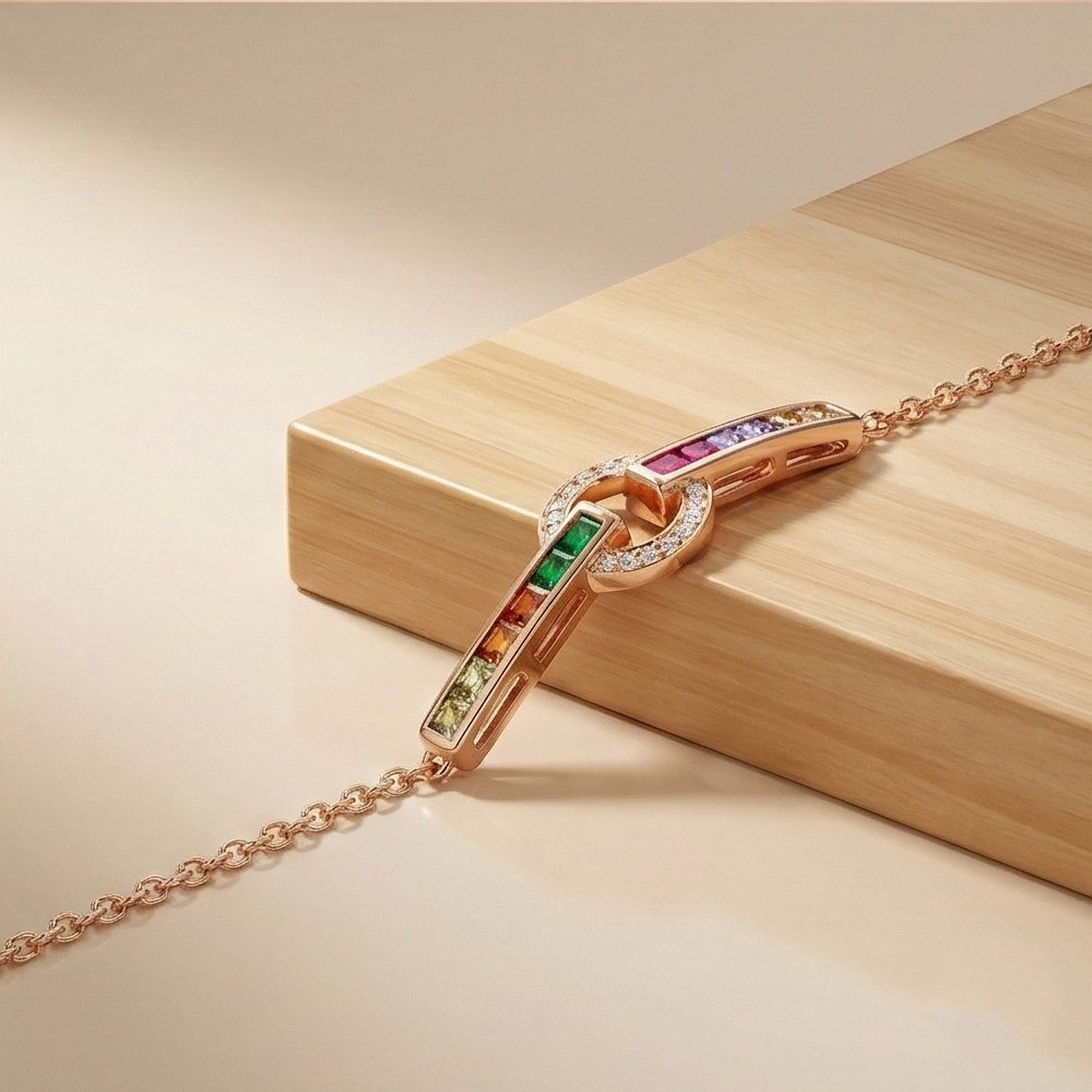 925 Sterling Silver Rose Gold Plated Multicolor Geometric Interlocking Bracelet Jewellery