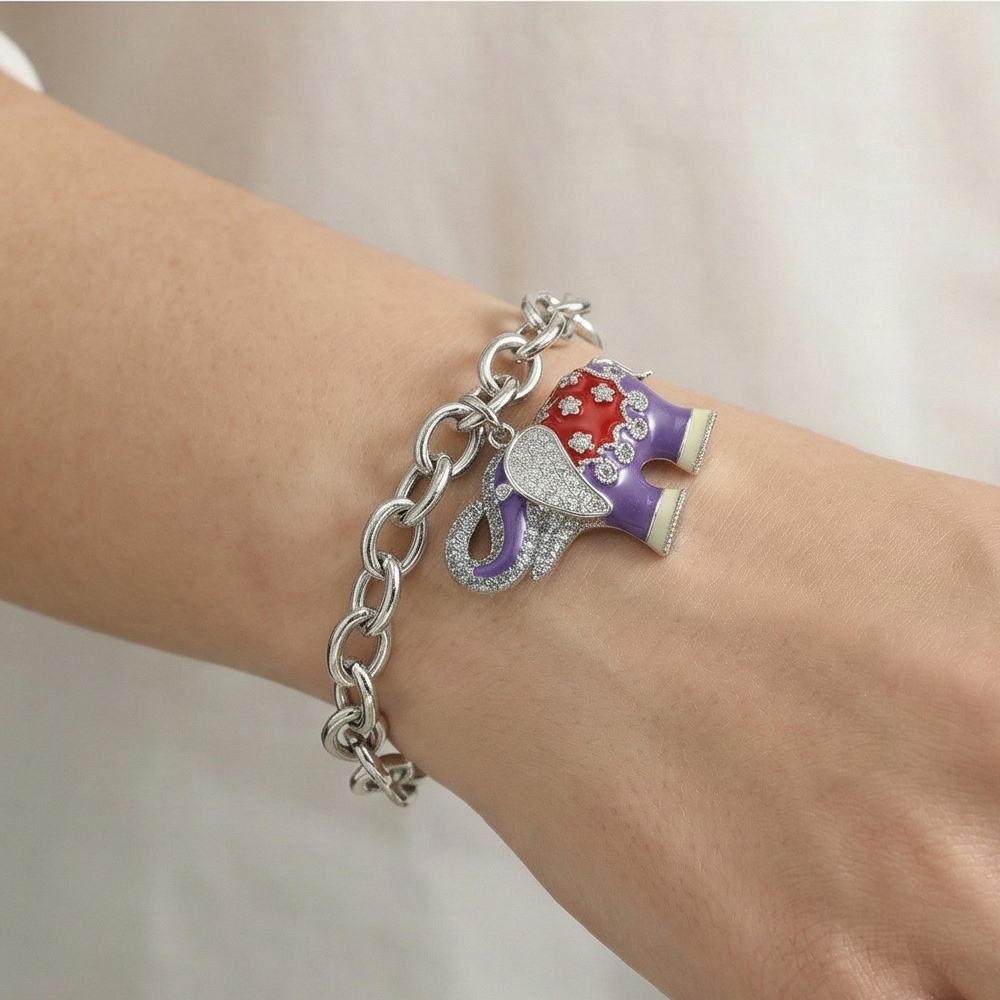 925 Sterling Silver Enamel Elephant Charm Chain Bracelet Jewellery for Women High Polish Finish