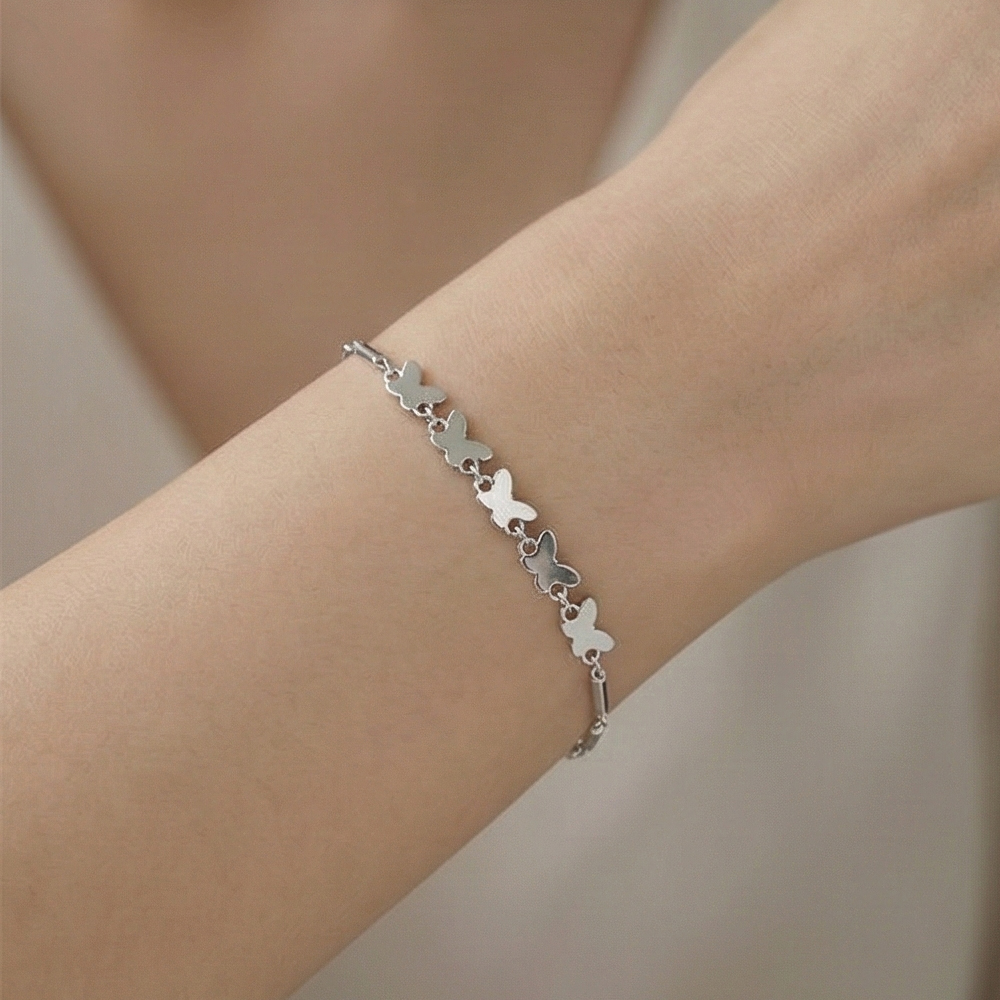 925 Sterling Silver Delicate Butterfly Station Chain Bracelet Jewellery with Rhodium Finish