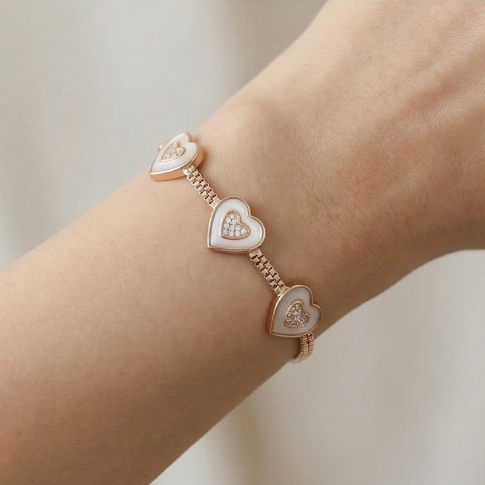 925 Sterling Silver Rose Gold Plated Double Heart Adjustable Bracelet Jewellery