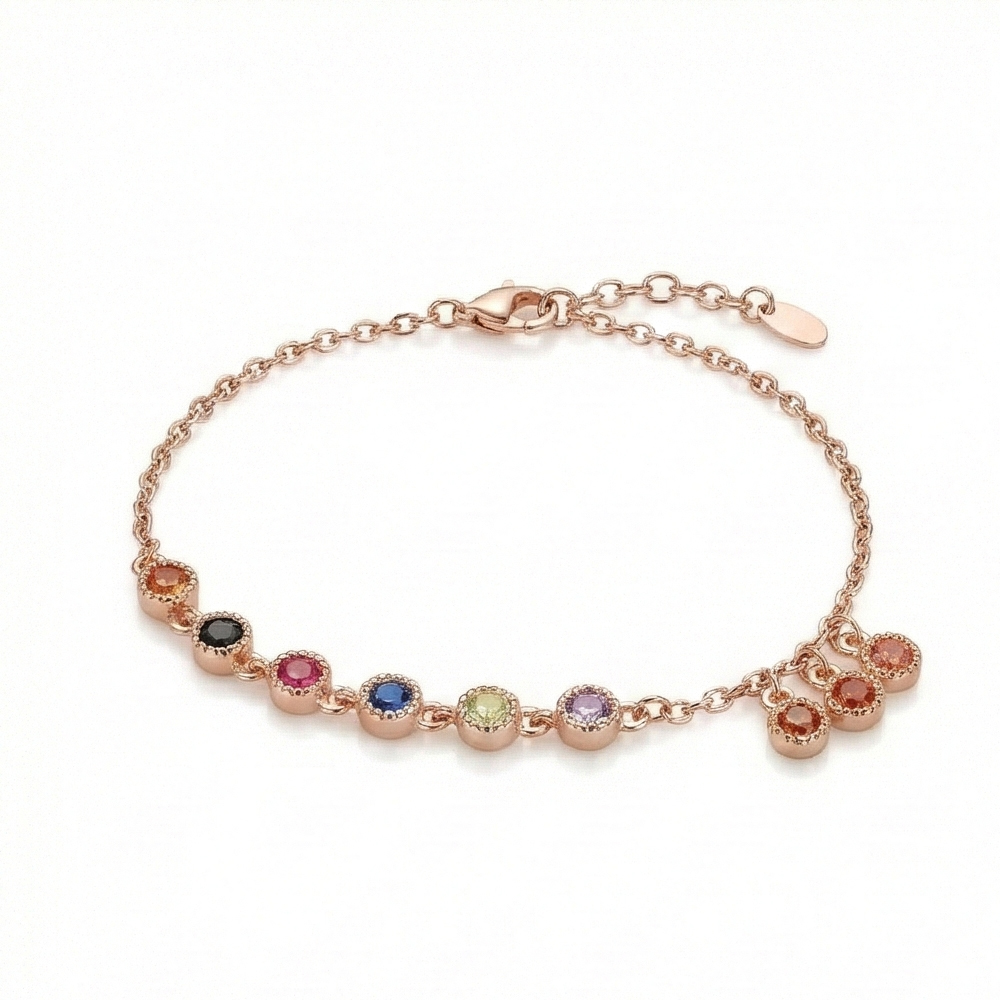925 Sterling Silver Rose Gold Plated Rainbow Bezel Station Bracelet Jewellery