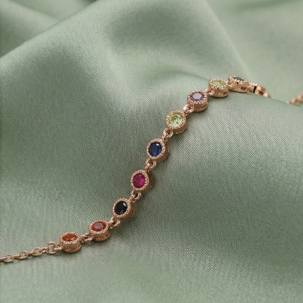 925 Sterling Silver Rose Gold Plated Rainbow Bezel Station Bracelet Jewellery