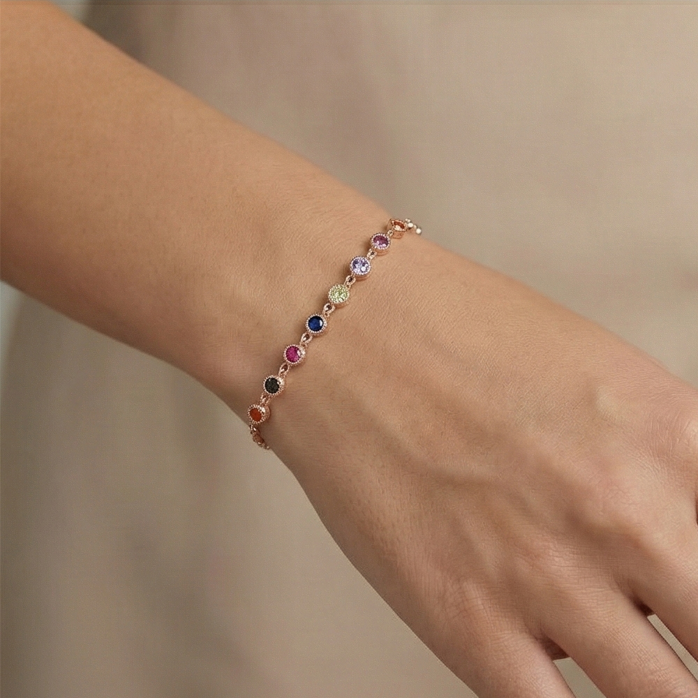 925 Sterling Silver Rose Gold Plated Rainbow Bezel Station Bracelet Jewellery