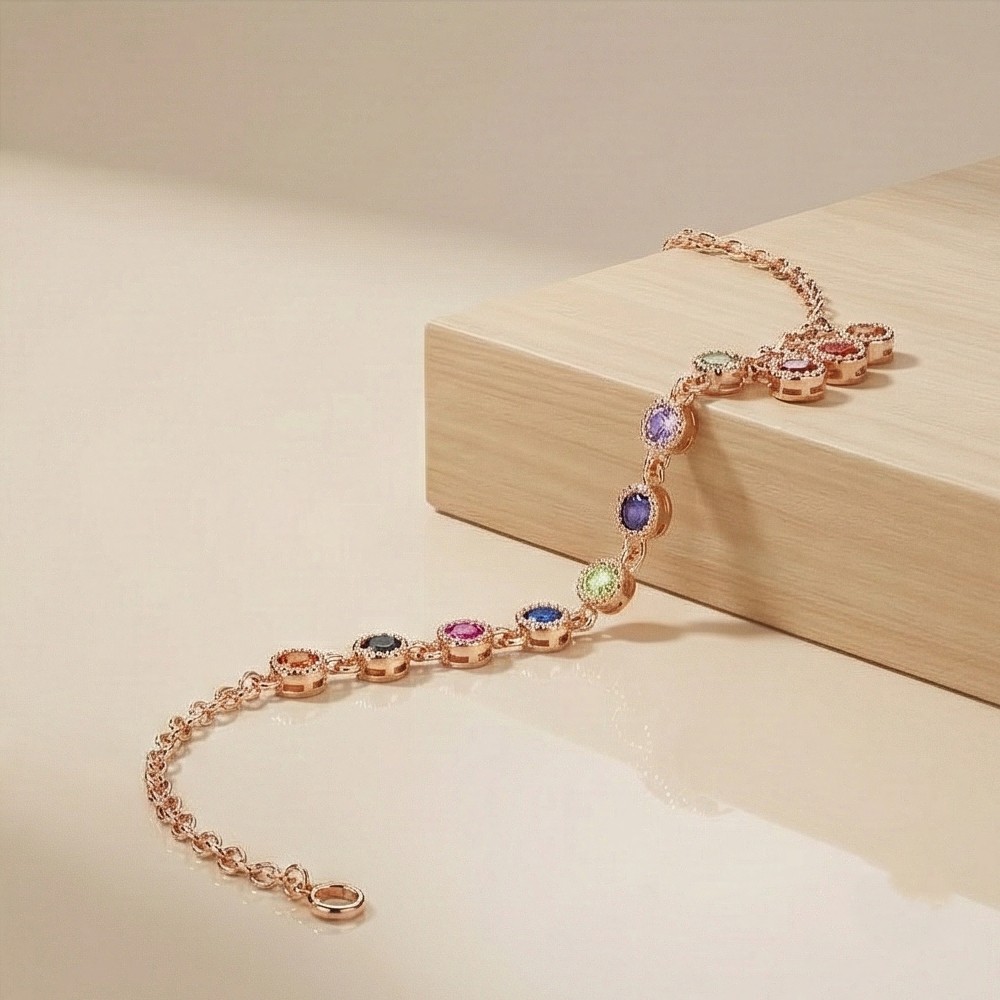 925 Sterling Silver Rose Gold Plated Rainbow Bezel Station Bracelet Jewellery